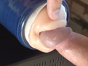 Playing with my new blowjob masturbator kickshaw
